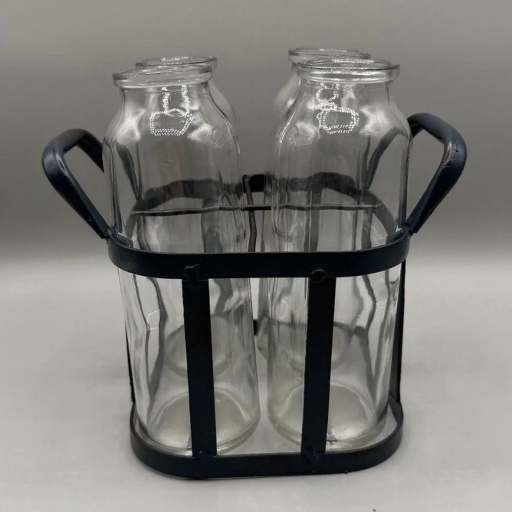 Farmhouse Glass Milk Bottle Set with Metal Wire Carrier Caddy 4 Piece Clear